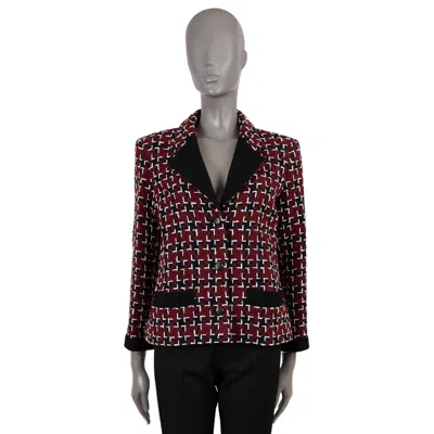 Pre-owned Chanel Burgundy Navy Black Wool 2015 15k Houndstooth Tweed Jacket 40 M In Red