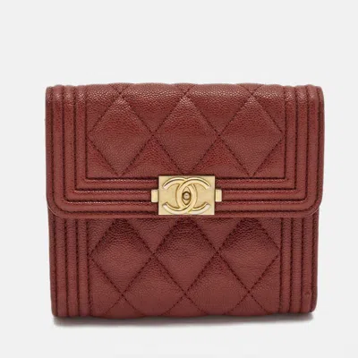 Pre-owned Chanel Burgundy Quilted Caviar Leather Boy Compact Wallet