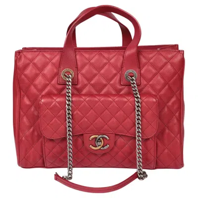 Pre-owned Chanel Burgundy Quilted Caviar Leather Large Casual Pocket Tote In Red