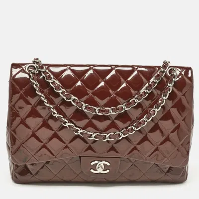 Pre-owned Chanel Burgundy Quilted Patent Leather Maxi Classic Single Flap Bag