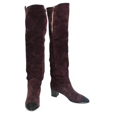 Pre-owned Chanel Burgundy Suede Cap Toe Over The Knee Boots In Red