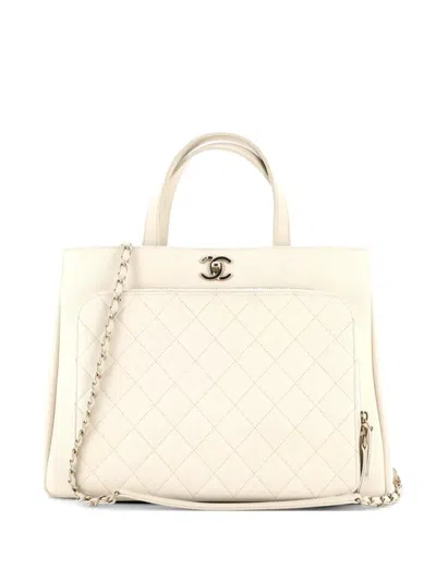 Pre-owned Chanel Business Affinity Quilted Caviar Large Tote Bag In White