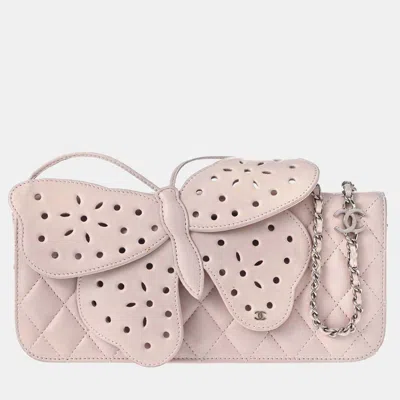 Pre-owned Chanel Butterfly Medium Light Pink Quilted Lambskin Leather Clutch Flap Bag