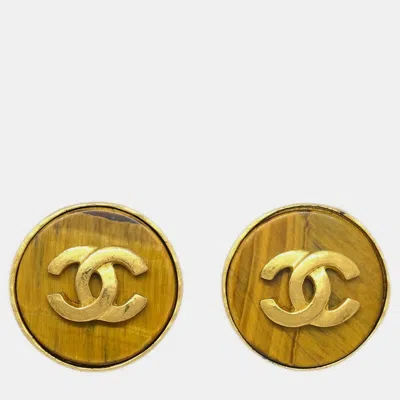 Pre-owned Chanel Button Acrylic Earrings Clip-on Brown Gold 95a