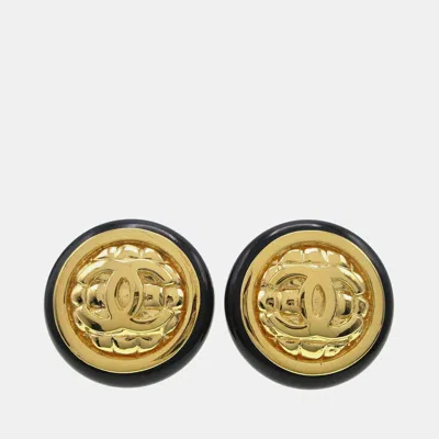 Pre-owned Chanel Button Earrings Clip-on Black Gold
