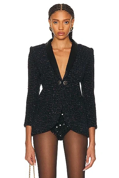 Pre-owned Chanel Button Lame Tweed Tuxedo Blazer In Navy