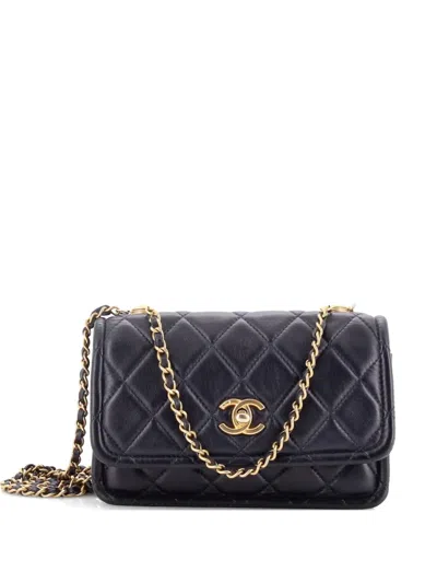 Pre-owned Chanel Button On Top Flap Clutch With Chain Quilted Shiny Lambskin Small Shoulder Bag In Blue