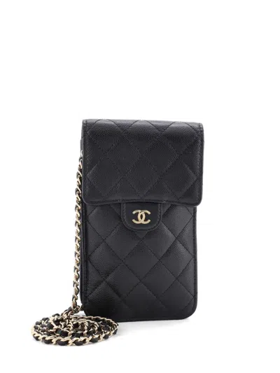 Pre-owned Chanel Button On Top Flap Wallet On Chain Quilted Shiny Lambskin Crossbody Bag In Black