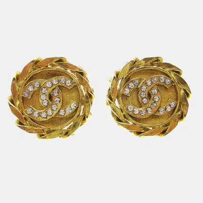 Pre-owned Chanel Button Rhinestone Earrings Clip-on Gold