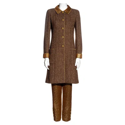 Pre-owned Chanel By Karl Lagerfeld Brown Wool And Gold Silk Lurex 3-piece Suit, Fw 1996