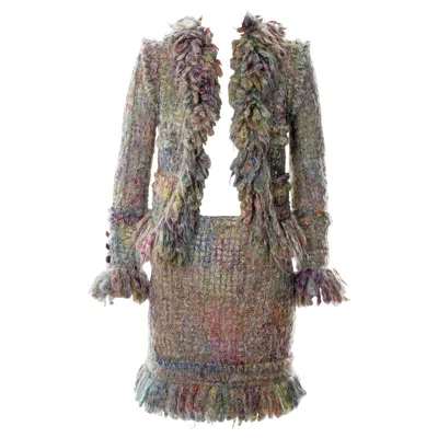 Pre-owned Chanel By Karl Lagerfeld Open-knit Multicoloured Mohair Skirt Suit, Fw 2003 In Gray