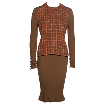 Pre-owned Chanel By Karl Lagerfeld Orange And Brown Knit And Tweed Jacket Dress, Fw 1995