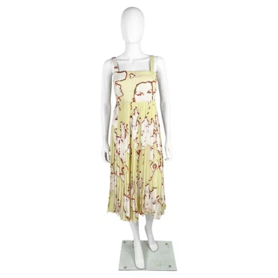 Pre-owned Chanel By Karl Lagerfield S/s 2000 Yellow Silk Pleated Midi Dress Faces Print