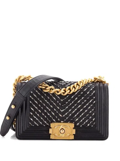 Pre-owned Chanel By The Sea Boy Flap Bag Chevron Embroidered Calfskin Small Shoulder Bag In Black