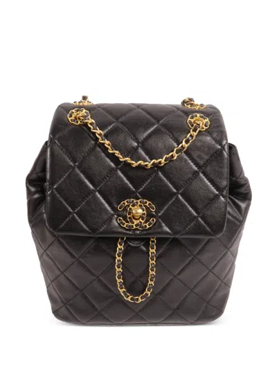 Pre-owned Chanel C19 Cc Turn-lock Quilted-leather Backpack In Black