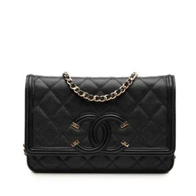 Pre-owned Chanel Calf Leather Caviar Cc Filigree Wallet On Chain In Black