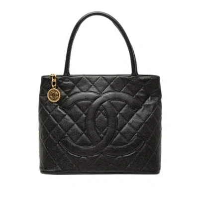 Pre-owned Chanel Calf Leather Caviar Medallion Tote In Black