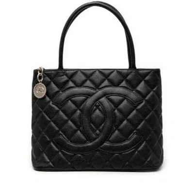 Pre-owned Chanel Calf Leather Caviar Medallion Tote In Black