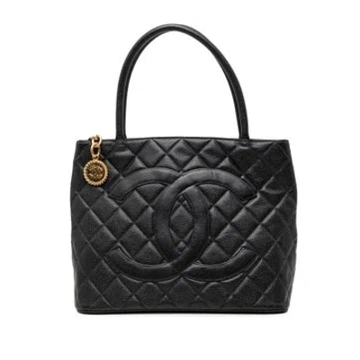 Pre-owned Chanel Calf Leather Caviar Medallion Tote In Black