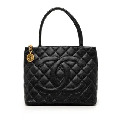 Pre-owned Chanel Calf Leather Caviar Medallion Tote In Black