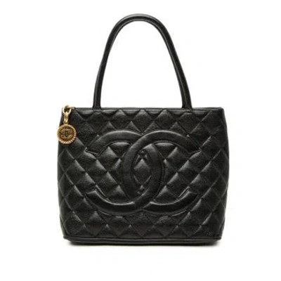 Pre-owned Chanel Calf Leather Caviar Medallion Tote In Black