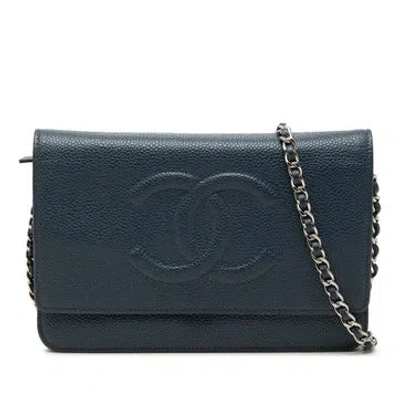 Pre-owned Chanel Calf Leather Cc Caviar Wallet On Chain In Blue