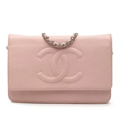 Pre-owned Chanel Calf Leather Cc Caviar Wallet On Chain In Pink
