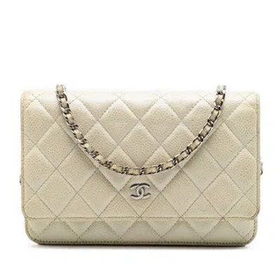 Pre-owned Chanel Calf Leather Cc Quilted Caviar Wallet On Chain In Yellow