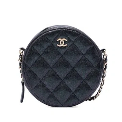 Pre-owned Chanel Calf Leather Cc Quilted Iridescent Caviar Round Clutch With Chain In Black