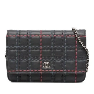 Pre-owned Chanel Calf Leather Cc Square Stitched Calfskin Wallet On Chain In Blue