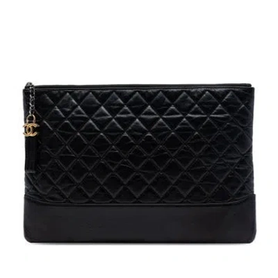 Pre-owned Chanel Calf Leather Large Aged Calfskin Gabrielle O Case Clutch In Black