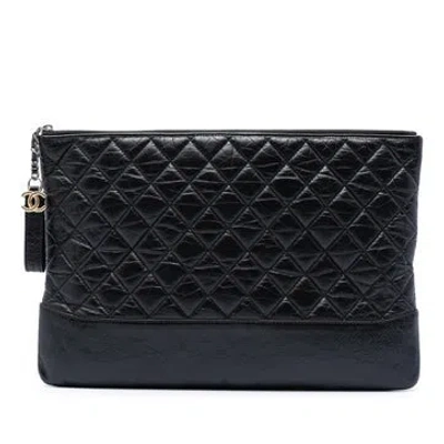 Pre-owned Chanel Calf Leather Large Aged Calfskin Gabrielle O Case Clutch In Black