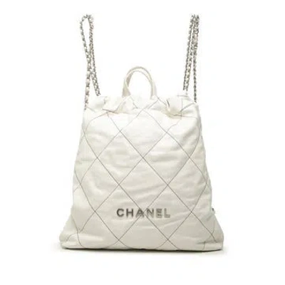 Pre-owned Chanel Calf Leather Large Quilted Shiny Calfskin 22 Backpack In White