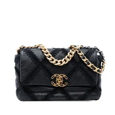 Pre-owned Chanel Calf Leather Medium Crochet Calfskin 19 Flap In Black