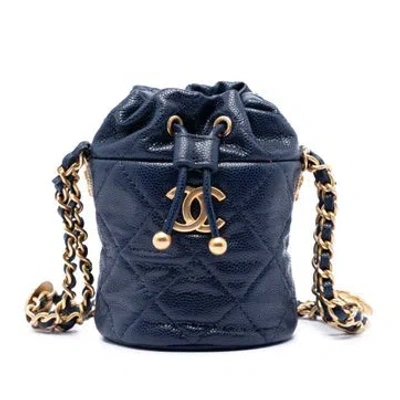 Pre-owned Chanel Calf Leather Mini Quilted Caviar Medallion Charms Drawstring Bucket Bag In Blue