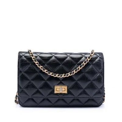 Pre-owned Chanel Calf Leather Quilted Aged Calfskin Reissue 2.55 Wallet On Chain In Black