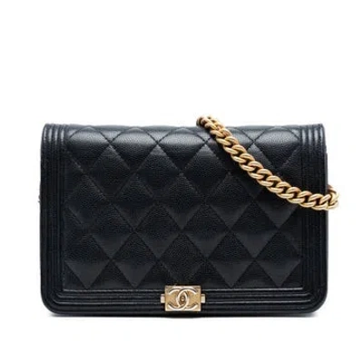 Pre-owned Chanel Calf Leather Quilted Caviar Boy Wallet On Chain In Black