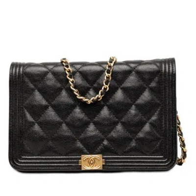 Pre-owned Chanel Calf Leather Quilted Caviar Boy Wallet On Chain In Black