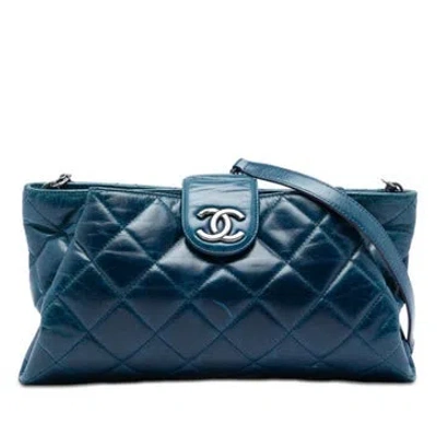 Pre-owned Chanel Calf Leather Quilted Glazed Calfskin Coco Pleats Chain Clutch In Blue