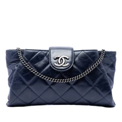 Pre-owned Chanel Calf Leather Quilted Glazed Calfskin Coco Pleats Chain Clutch In Blue