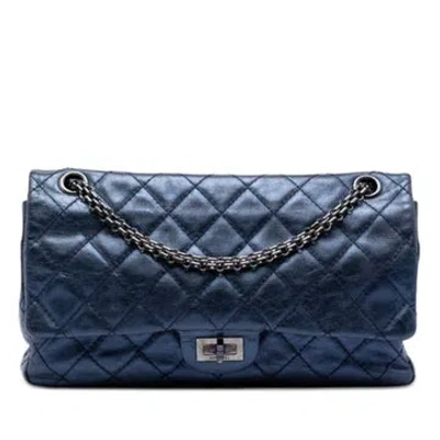 Pre-owned Chanel Calf Leather Quilted Metallic Aged Calfskin Reissue 2.55 Double Flap In Blue