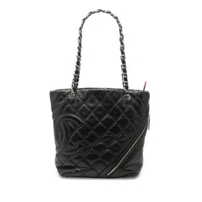 Pre-owned Chanel Calf Leather Small Quilted Aged Calfskin Cotton Club Tote In Black