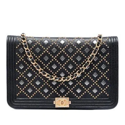 Pre-owned Chanel Calf Leather Studded Grained Calfskin Boy Wallet On Chain In Black