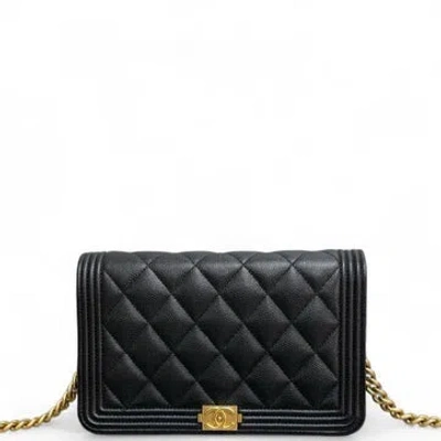 Pre-owned Chanel Calfskin Boy Wallet On Chain Mini In Black