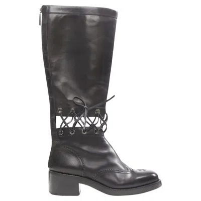 Pre-owned Chanel Calfskin Cross Stitch Cut Out Cc Toe Cap Block Heel Boot In Black
