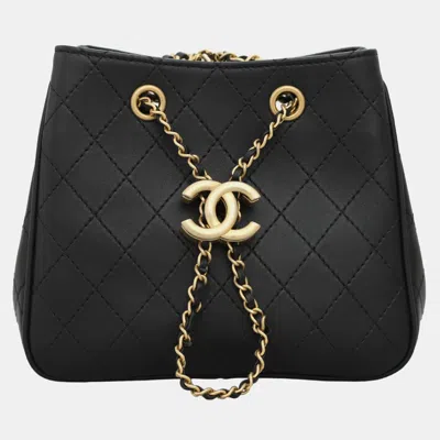 Pre-owned Chanel Calfskin Egyptian Amulet Drawstring Bucket Bag In Black