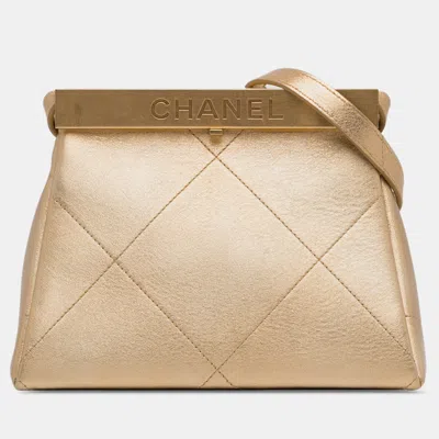 Pre-owned Chanel Calfskin Kiss Lock Frame Bag In Gold