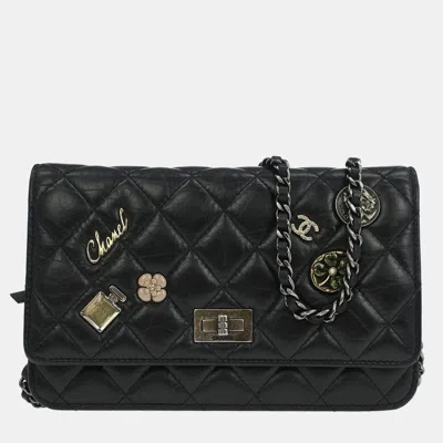 Pre-owned Chanel Calfskin Mademoiselle Lock Icon Woc Wallet On Chain Shoulder Bag In Black