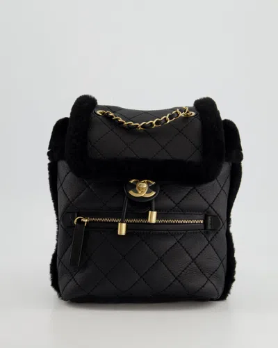 Pre-owned Chanel Calfskin Quilted Leather And Shearling Backpack With Brushed Gold Hardware In Black