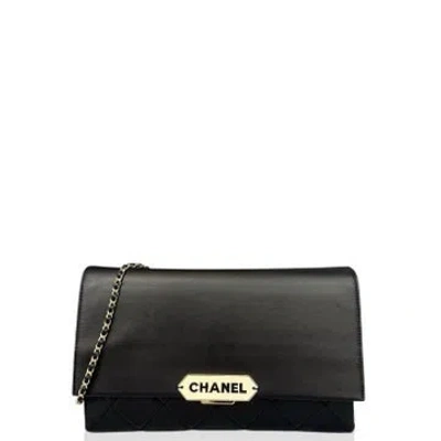 Pre-owned Chanel Calfskin Retro Label Clutch On Chain In Black